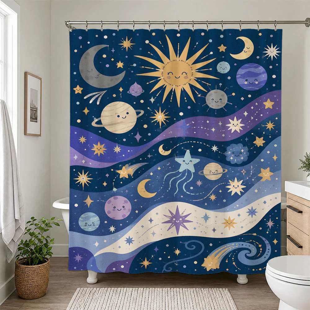 Celestial Galaxy Shower Curtain Bathroom Decor Stars Moon Planets Space Nursery Shower Curtain
