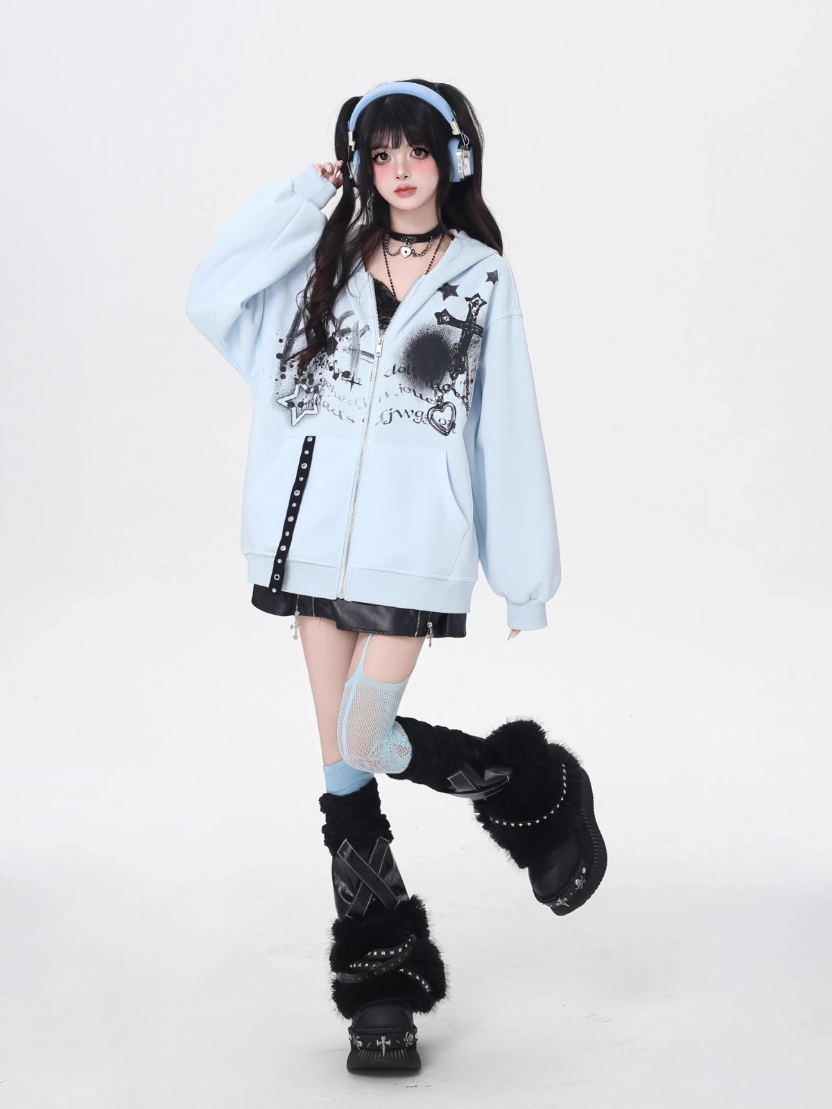 Fashion Highstreet Sweet Cool Subculture Girl Jacket Zipper Long Sleeve Printed Hoodies Loose Casual Versatile Sweatshirts Women