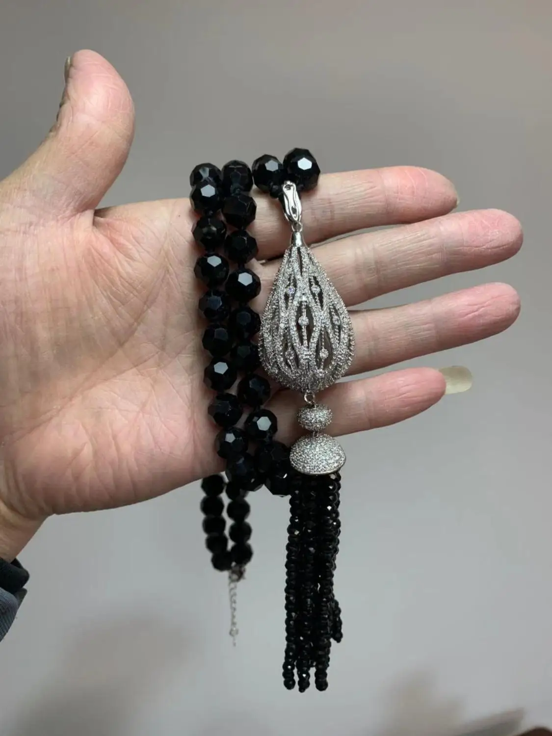 Best-selling 10mm black glass crystal micro inlay zircon tassel long sweater chain necklace fashion jewelry