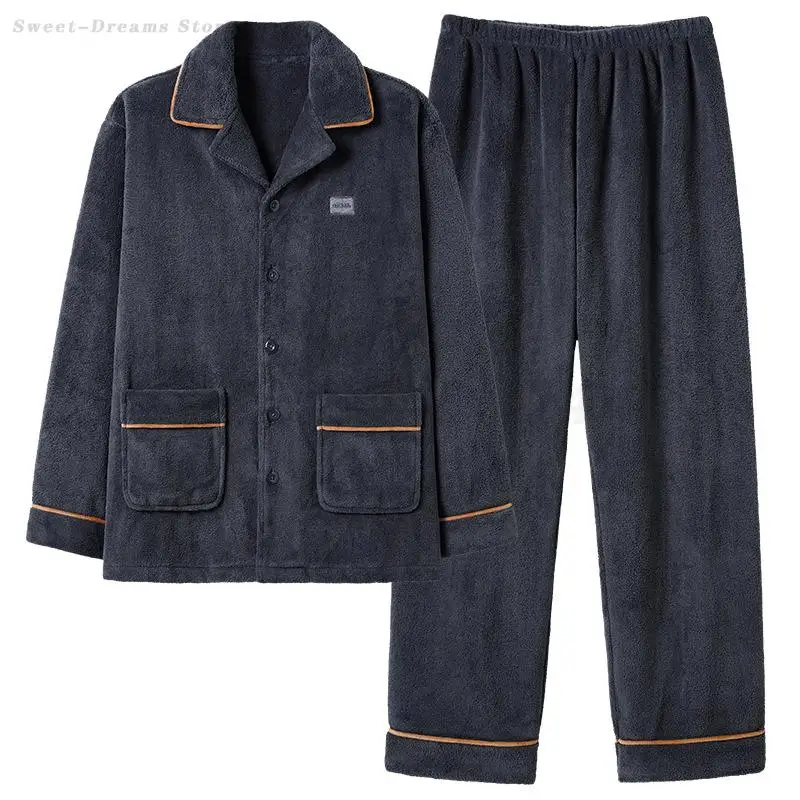 Men's Plus Size Flannel Pajamas Set Simple Warm Home Clothes Sleepwear Male Loose Casual Pyjamas Suit Thick Nightwear Loungewear