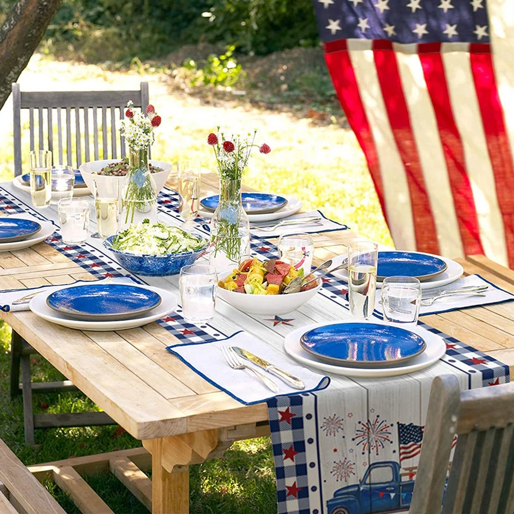 Independence Day Table Runner Desktop Decoration 4th of July Theme Non-Slip Burlap Dining Table Cloth for Home Decor Party