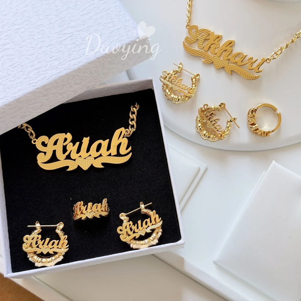 

DUOYING Custom Bamboo Set Heart Name Necklace Nameplate Bamboo Hoop Adjustable Rings For Kids Jewelry