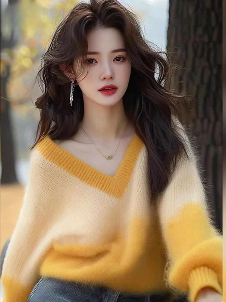 Soft Gradient V-Neck Thickened Knitted Sweater Women's Autumn Winter  Style Top Comfortable Cozy Commute Loose Fit Long Sl...