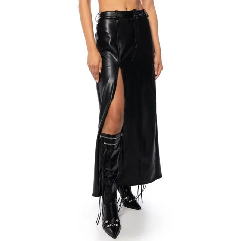 Vintage PU Long Skirt Women Faux Leather Midi Skirt Side High Split Custom Ladies Sexy Summer Party Nightclub Costume