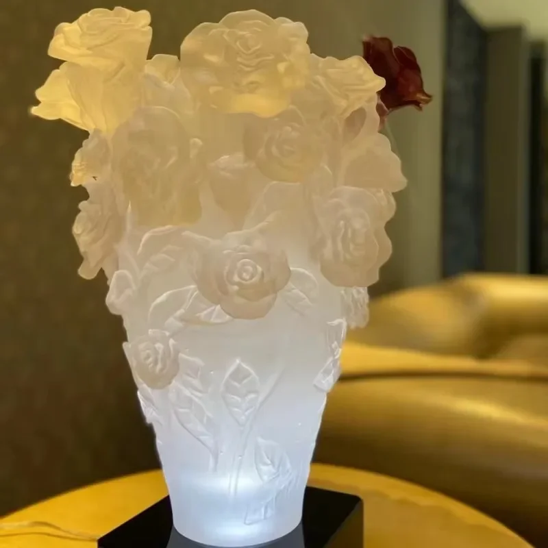 Beautiful colorful flower theme crystal vase art glass, carved office or living room decoration, glazed color unique design