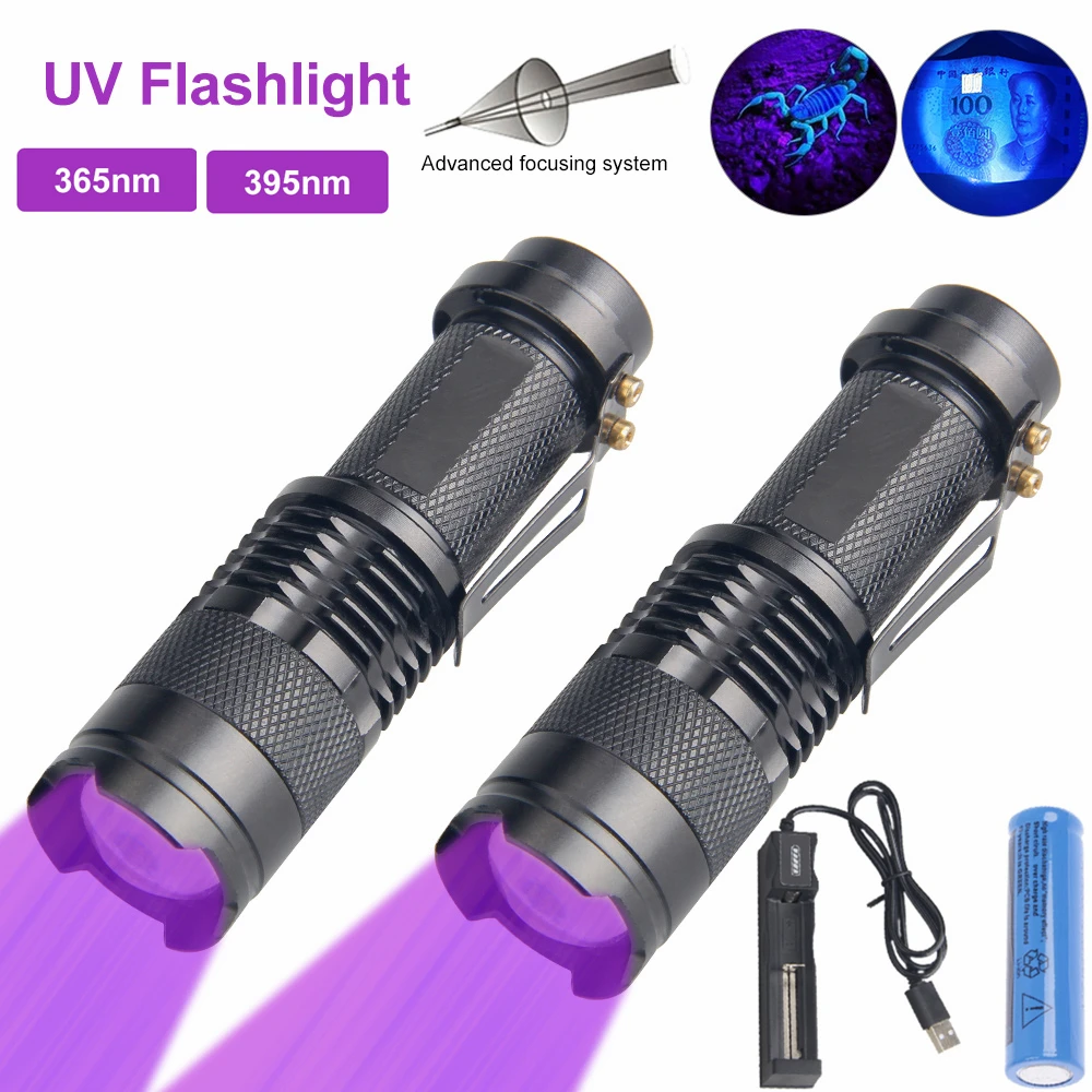 

LED UV Flashlight 395nm 365nm Ultraviolet Torch Zoomable 3 Mode Mini Ultra Violet Flashlamp Pet Urine Stains Detector AA Battery