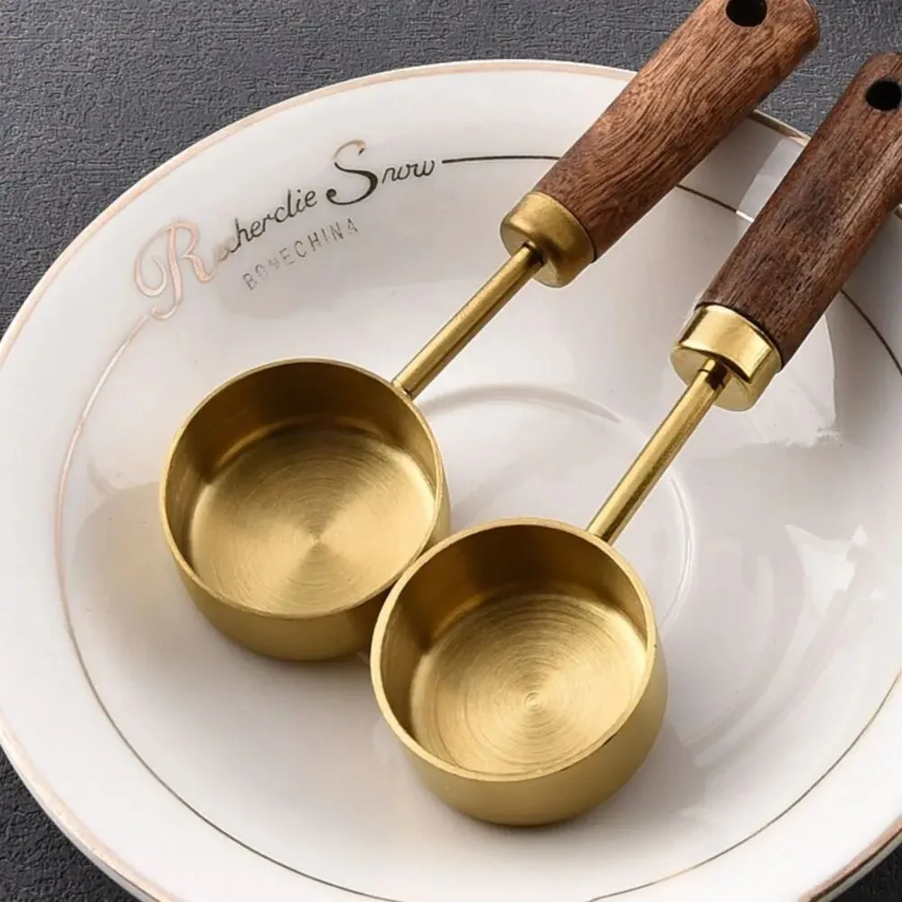 1PC Measuring Cup Gold-Plated Measuring Spoon Measuring Spoon  Coffee Scoop Spoon With Wooden Handle Cake Kitchen Baking Tools