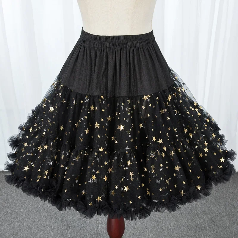 Gaun pesta cantik rok dalam bintang emas Rockabilly hitam antik putih rok dalam Tulle Puffy rok dalam Lolita pendek 2023