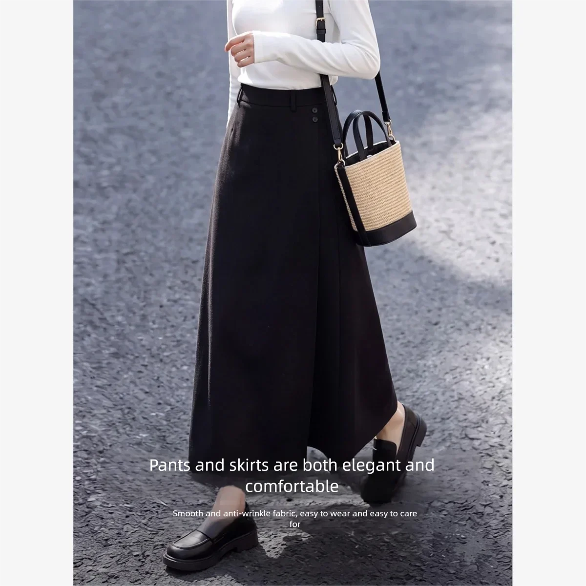 VIMLY Black Cropped Skort Women 2026 Commute Casual Versatile Draped Wide-leg Pants Office Lady Elegant Baggy Skirt Pants 31832