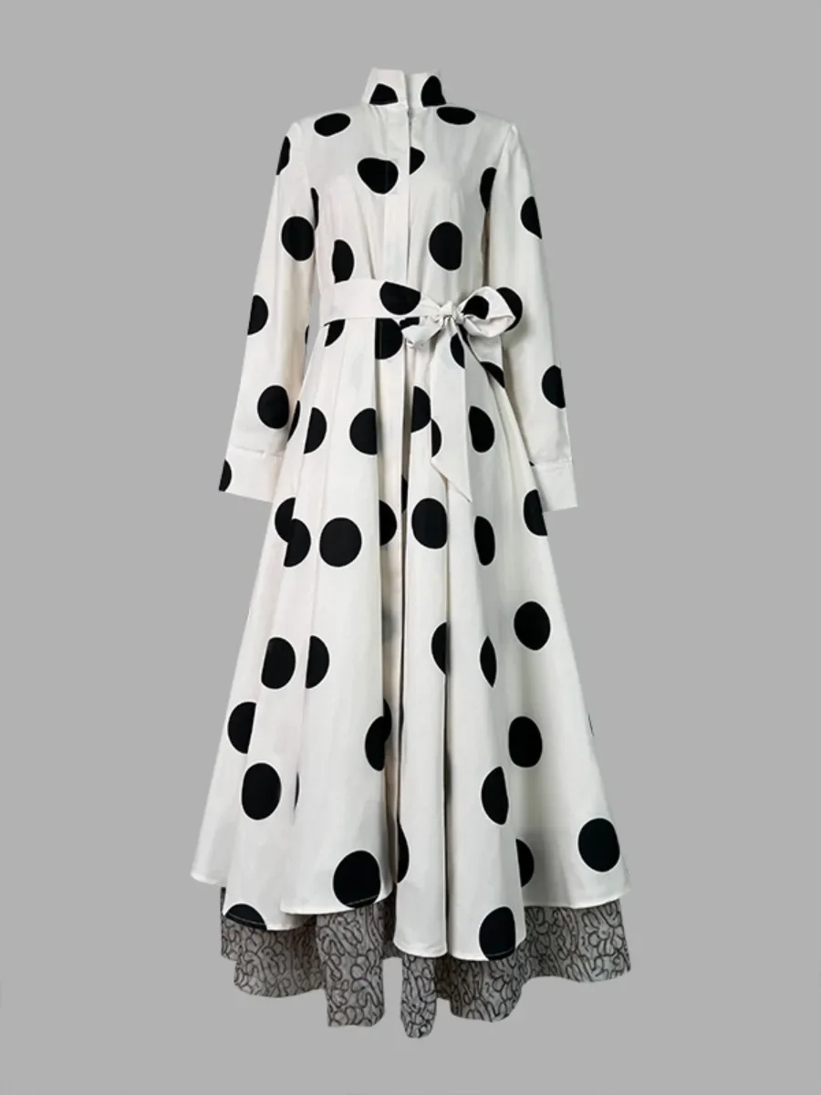 Gymdolphin Autumn Long Dress for Women Lapel Collar Long Sleeves Tied Waist Polka Dot Printed Commuter Dresses A-line Dress