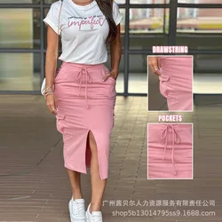 Skirt Set Women Two Piece Sets Slim Fit Round Neck Short Sleeve Tops Long Skirts Drawstring Tight High Waist Elegant Splice