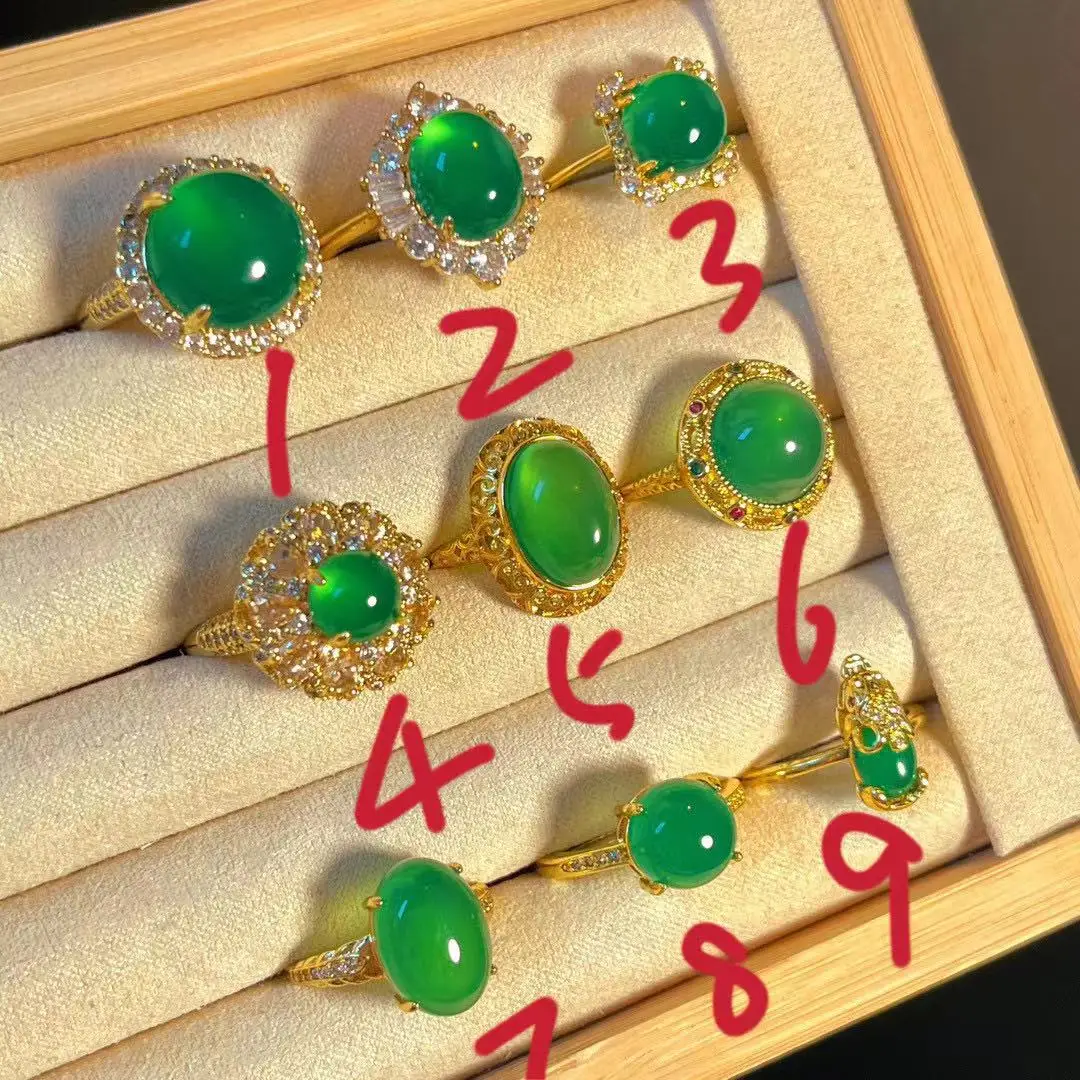 

New retro natural emperor green glass body green chalcedony agate ring yang green women's ring