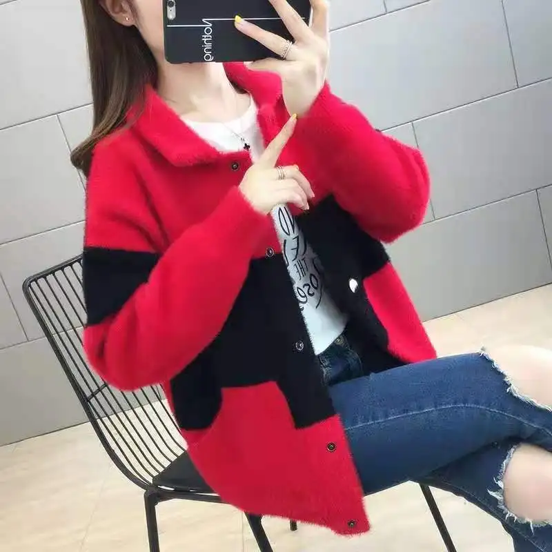 Imitation Mink Velvet Color Matching Coat Women's 2022 Mew Autumn And Winter Fashion Korean Version Student Loose Woolen Jacket