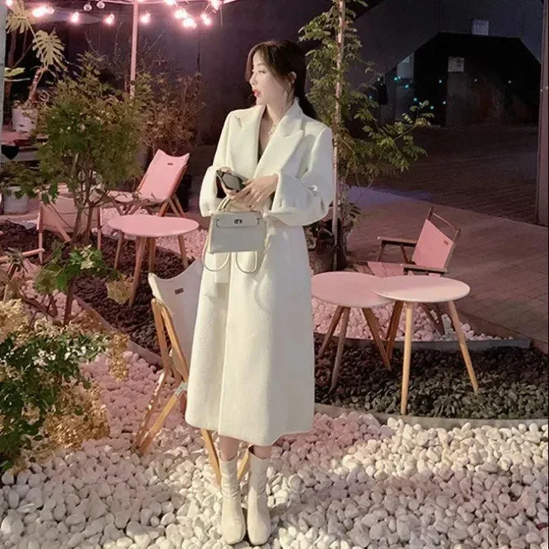 Elegant Long Wool Coat Women Belt Bandage Outwear Korean Oversized Cardigan Woolen Overcoat Winter Lace Up All Match Jackets New