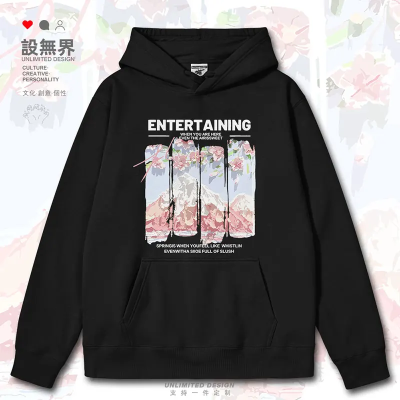 

Cherry Blossom Pink Mountain Oil Painting Artistic Graffiti mens hoodies sweatshirt printed hoodie white clothes autumn winter