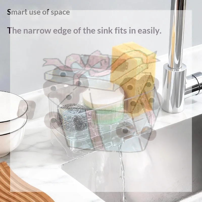 

【CC】Transparent Sink Caddy Sponge Holder With Drainage Base Compact Kitchen Organizer For Countertop