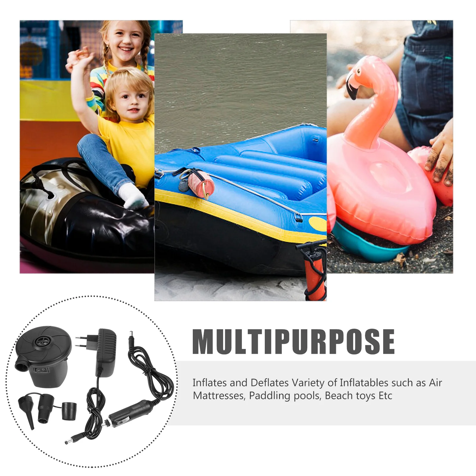 

Two Way Electric Air Pump High Speed Inflation Deflation Air Mattresses Rafts Beds Boats Pools 3 Nozzles Portable