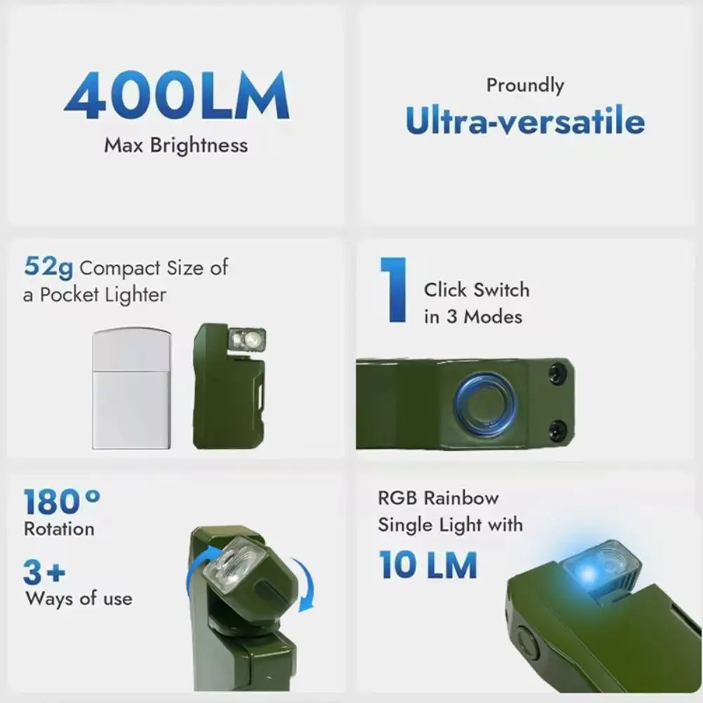 Mini linterna de bolsillo portátil EDC, 400 lúmenes, cola magnética impermeable, 52g, ultraligera, 180 °   Cabezal giratorio
