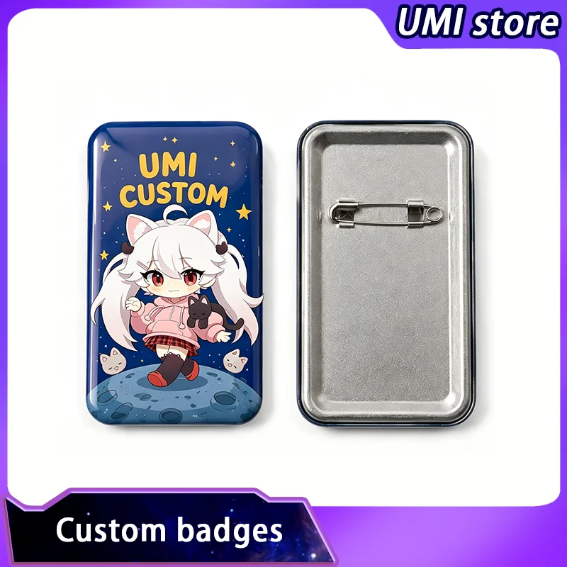 Custom Badges Rectangle Glitter Button Pins Photo Text Graphic Personalize Metal Tinplate Pins Gifts