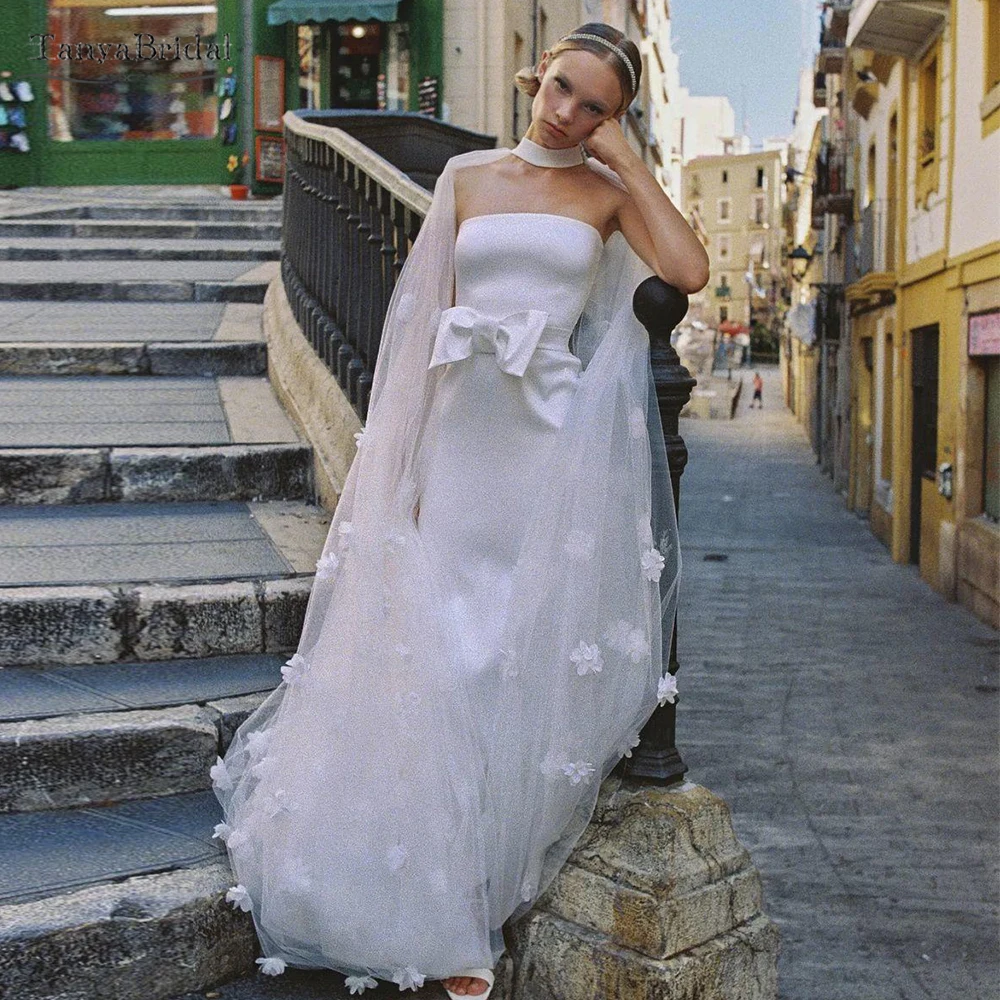 

Romantic Tulle Wedding Cape With 3D Small Flowers ,Satin Neck Band ,With Detachable Bow ,Bridal Jacket Chic DJ342