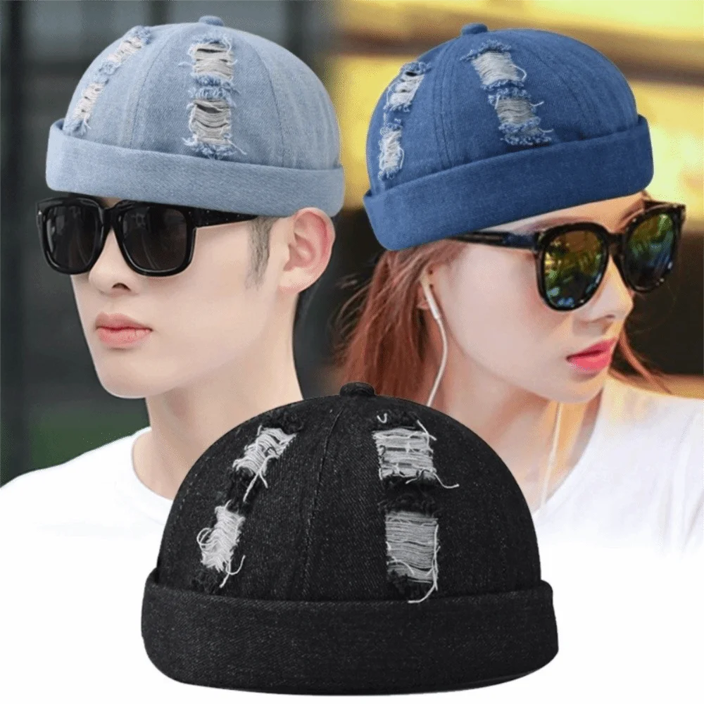 

Fashion Denim Brimless Hat Dome Old Holes Melon Docker Cap without Visor Solid Color Bucket Cap Unisex