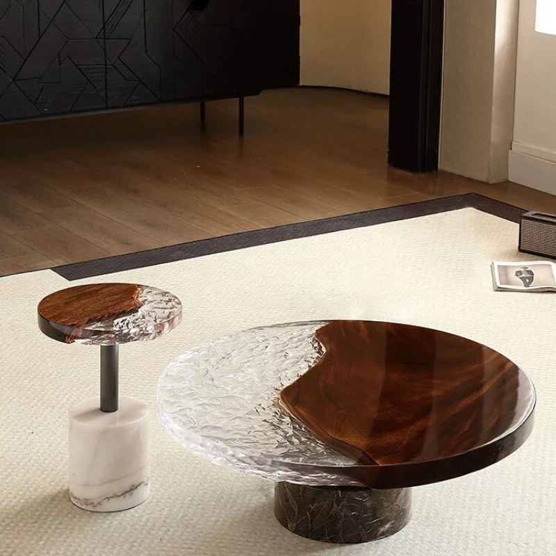 Medieval high-end solid wood round coffee table black walnut living room high-end art natural luxury stone edge combination