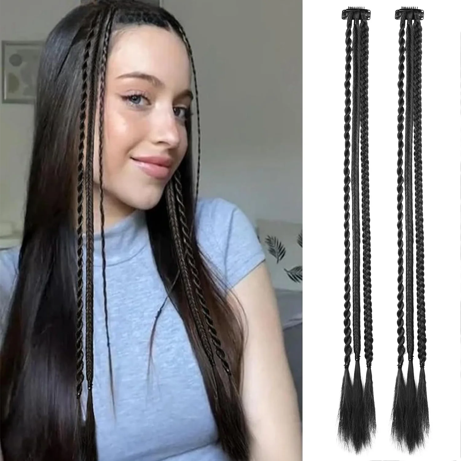 Baby Braids Hair Extensions 3Pcs Braids in One Clip in Hair Extensions Front Side Bang Hair Ponytail 22Inch Synthetic Hairpieces