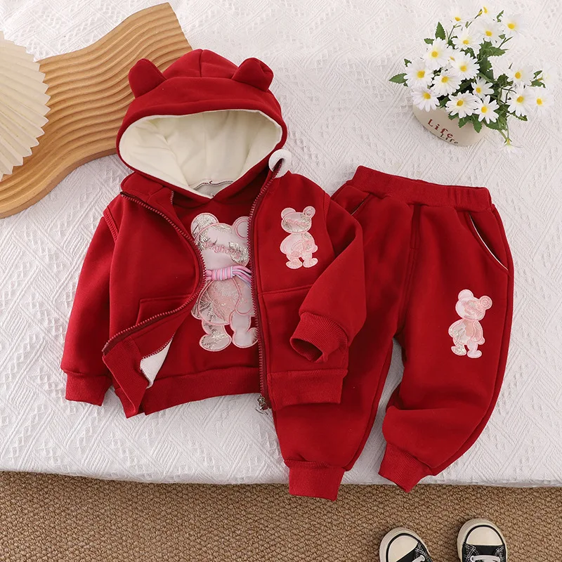 

2025 Winter Baby Girls Fleece Lined Set 3-Piece Outfit with Hoodie & Vest & Pants Warm Thickened for Toddler Children Clothes
