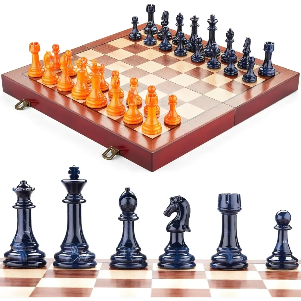 

16'' Chess Set Wooden Folding Board Game with 32 Acrylic Large Heavy Weighted Chess Pieces 3.5 Inch - Gift for Kids Adults Chess