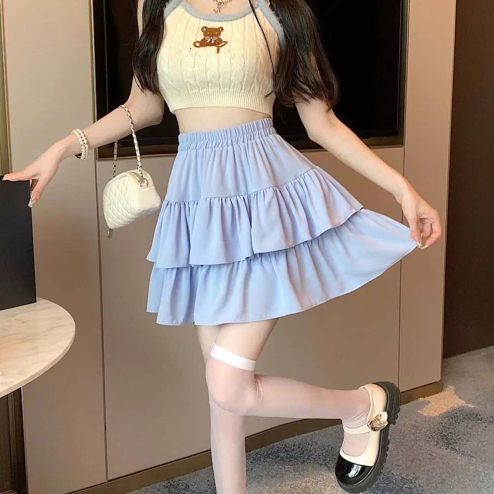 A-line High Waisted Cake Skirt Double Layer Elastic Waist Pleated Fluffy Mini Skirt Harajuku Women's Half-body Skirt