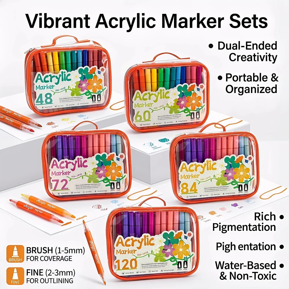 

48/60/72/84/120 Vibrant Color Acrylic Marker Set, Dual-Tip Creative Acrylic Markers, Brush Tip (1-5mm) for Coverage, Fine Tip (2-3mm) for Outlining, Rich Color Expression, High Color Payoff, Water-Based