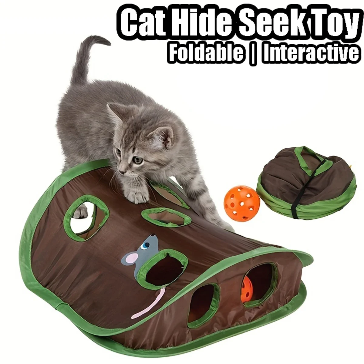 

Cat Interactive Toy 9 Mouse Holes Cat Toys Foldable with Plush Mice Bell Ball Hide Seek Toy for Small Cats Kitty Pet Supplies