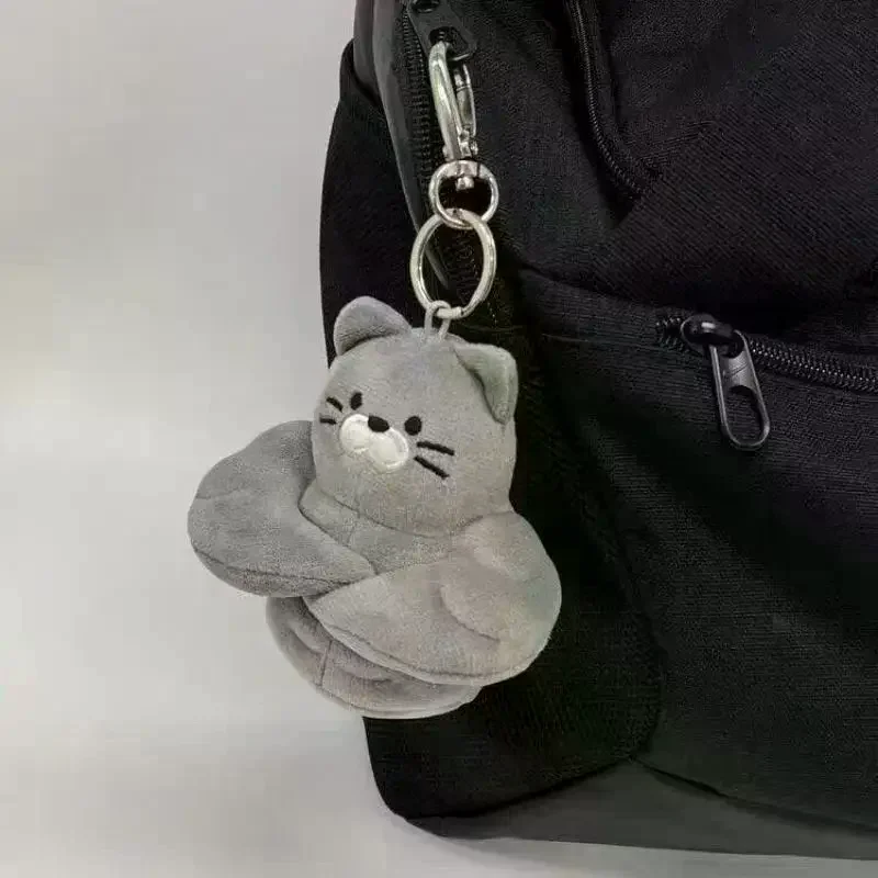 Soft Fluffy Gray Muscle Cat Plush Keychain Cartoon Plush Keyring Bag Pendant Backpack Ornament Gift For Cat Lovers