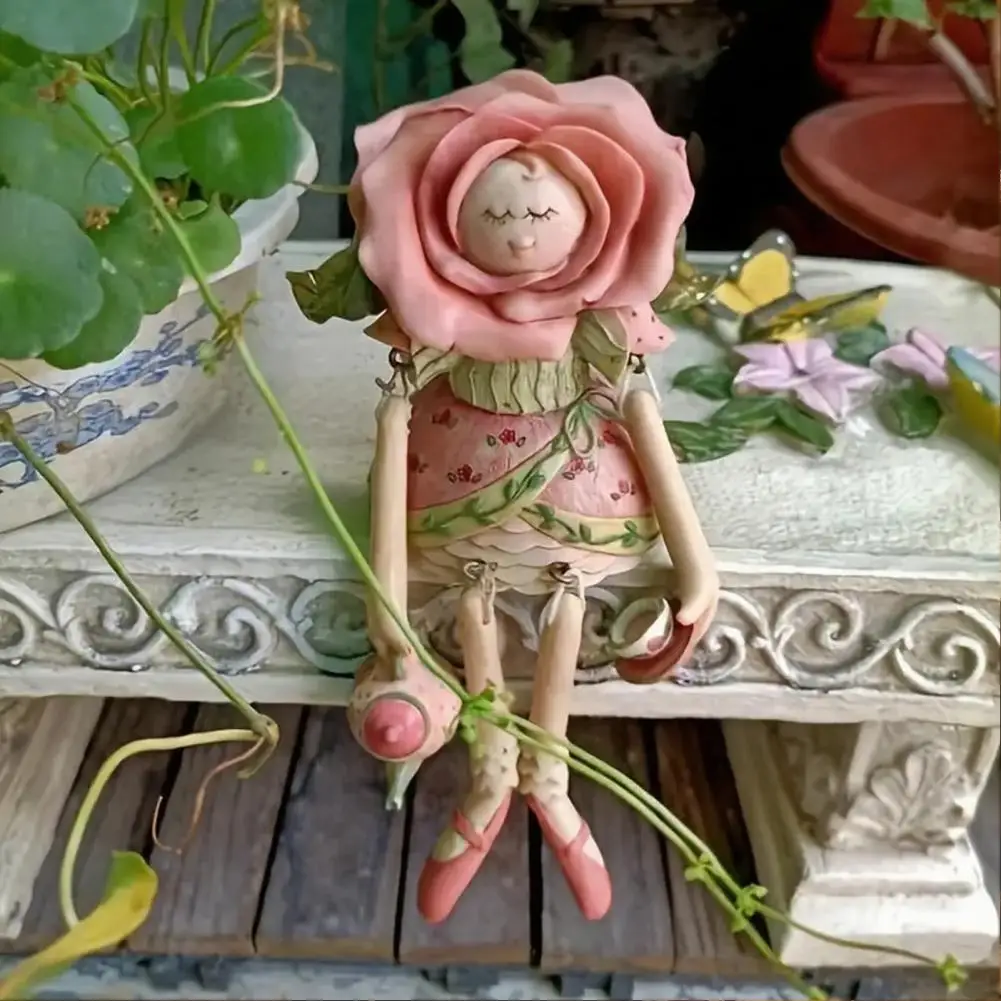 

Decorative Fairy Ornament Resin Fairy Figurine Rose Fairy Statue Figurine with Movable Joint Tea Cup Holding Ornament for Garden