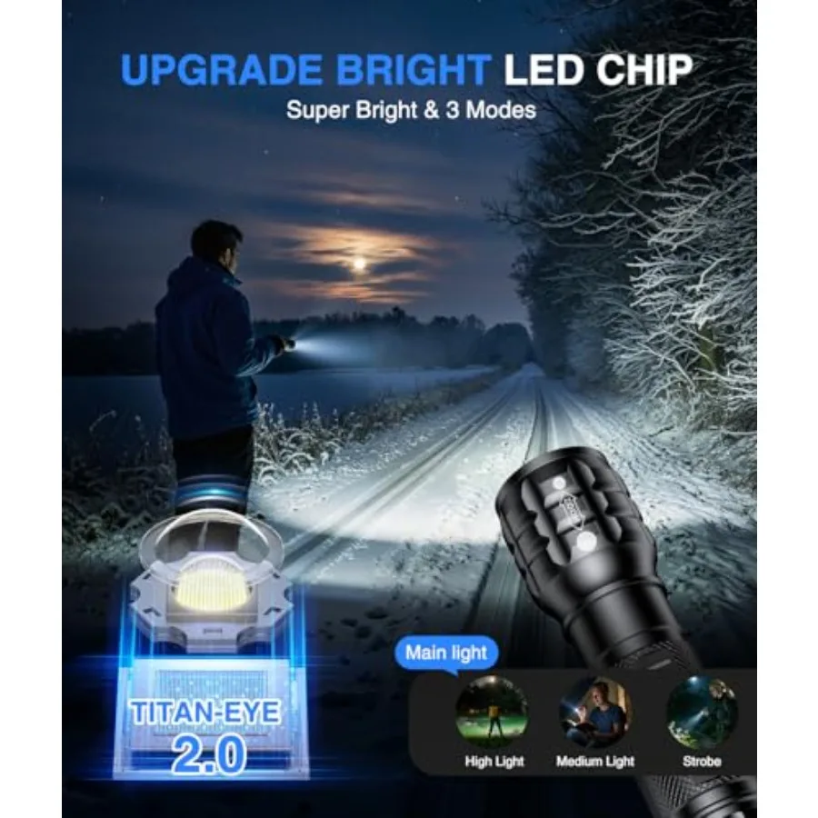 Rechargeable Flashlights 3 Modes Zoomable LED Flashlights 2000 Lumens Bright Small Flashlight for Home Tactical Flashlights Rec
