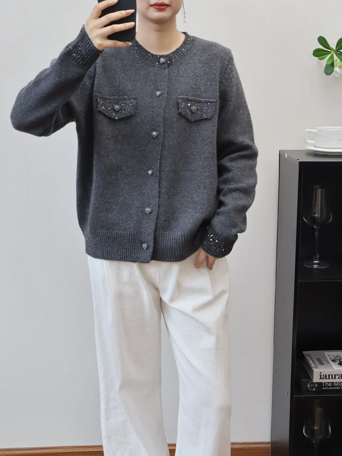 

Вязаный кардиган женский свободного кроя с пайетками, осенне-зимняя новинка, свитер-жакет