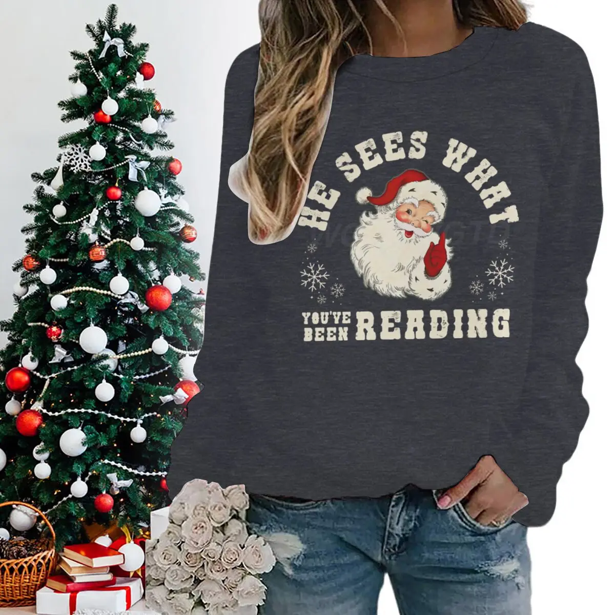 سويت شيرت سانتا كلوز لعيد الميلاد المجيد يرى ماذا كنت قراءة بلوزات جرافيك للنساء ملابس عطلة احتفالية #5