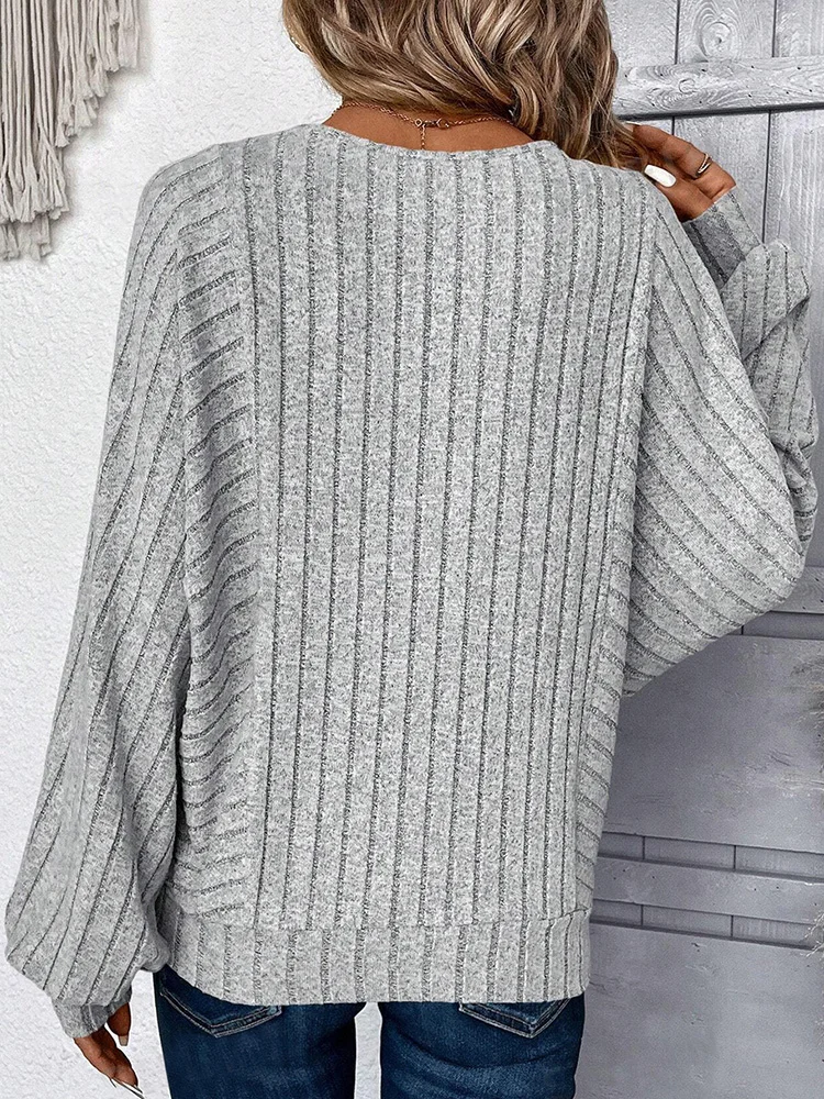 GIBSIE Plus Size Autumn and Winter Solid Rib-knit T-Shirts Women Loose Casual Full Lantern Sleeve Round Neck Women's Top