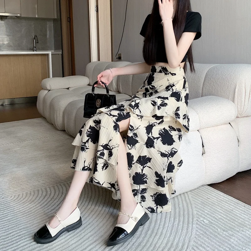 

Ретро многослойная юбка с цветочным кружевом, женская летняя асимметричная шифоновая юбка с разрезом, юбка-тортик, облегающая юбка А-силуэта