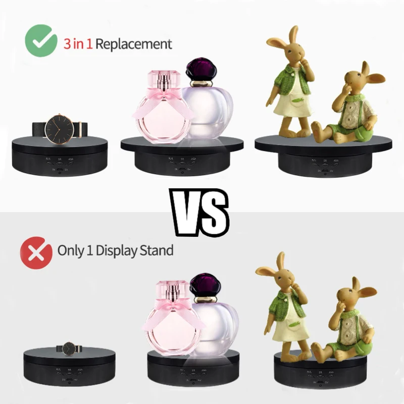 3 in 1 Electric Rotating Display Stand 360 Degree USB/Battery Turntable Holder Jewelry Display Stand Base for Photography Shoot