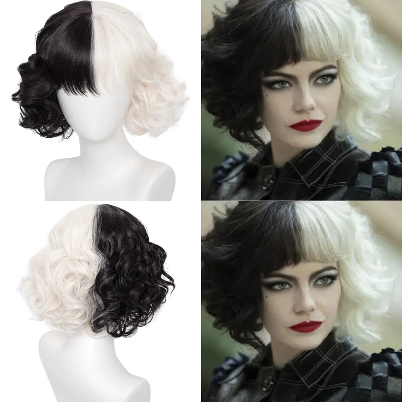 

New European and American women's cosplay wig, black and white short curly hair with bangs