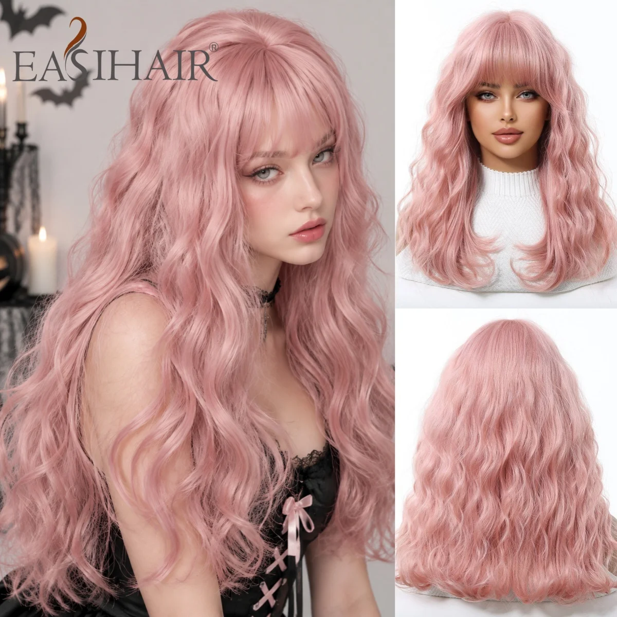 Long Wavy Light Pink Wig with Bangs Sweet Princess Cosplay Synthetic Hair for Women Y2K Halloween Party Costume Cosplay Use