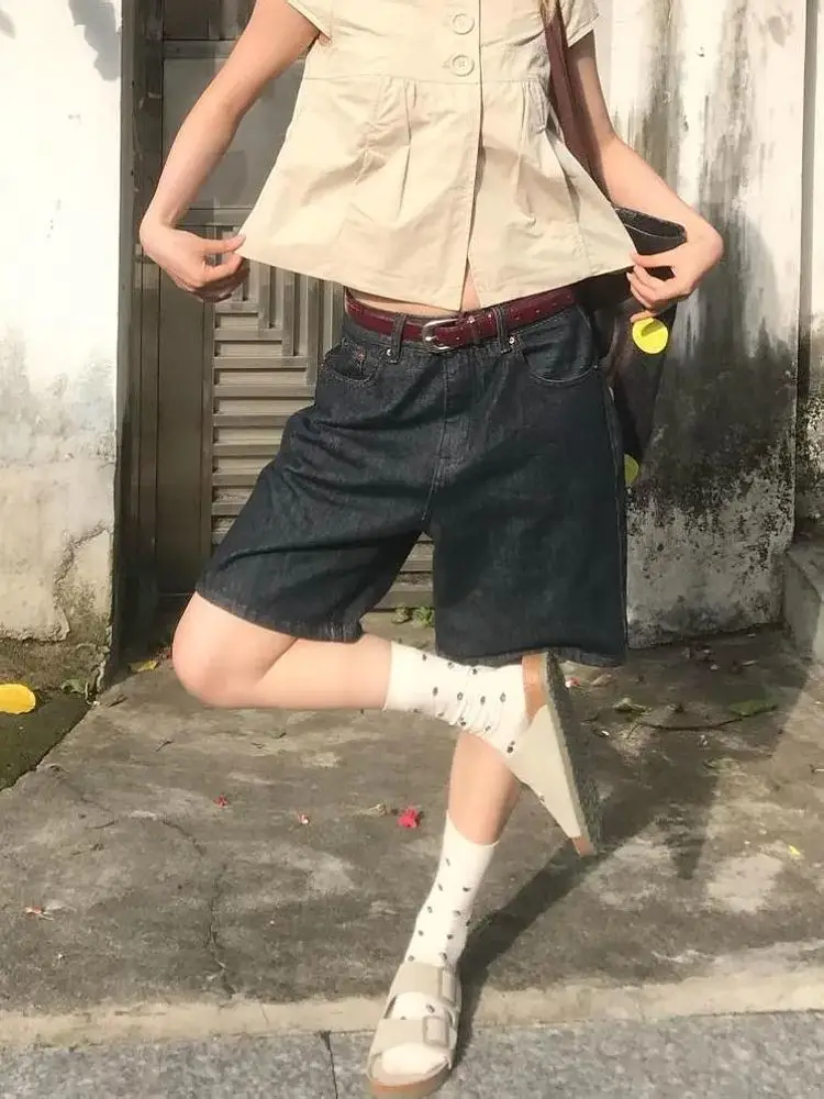 Summer Women's Simple Solid-colored Denim Shorts Young Girls Mid-calf Trousers Streetwear Casual Pants Female Mini Sweatpants