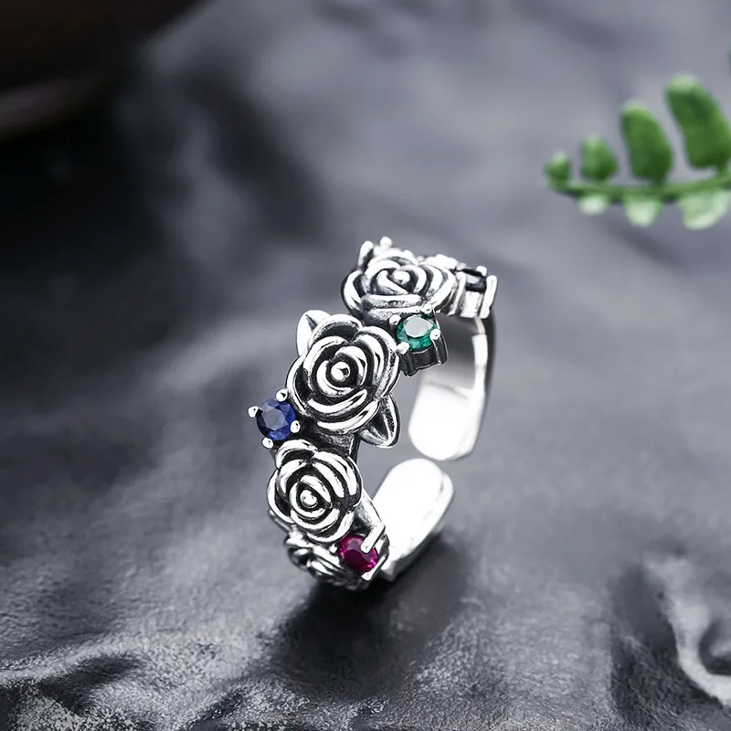 Manufacturer wholesale 925 sterling silver ring women's thorns rose open ring thai silver retro flower index finger ring