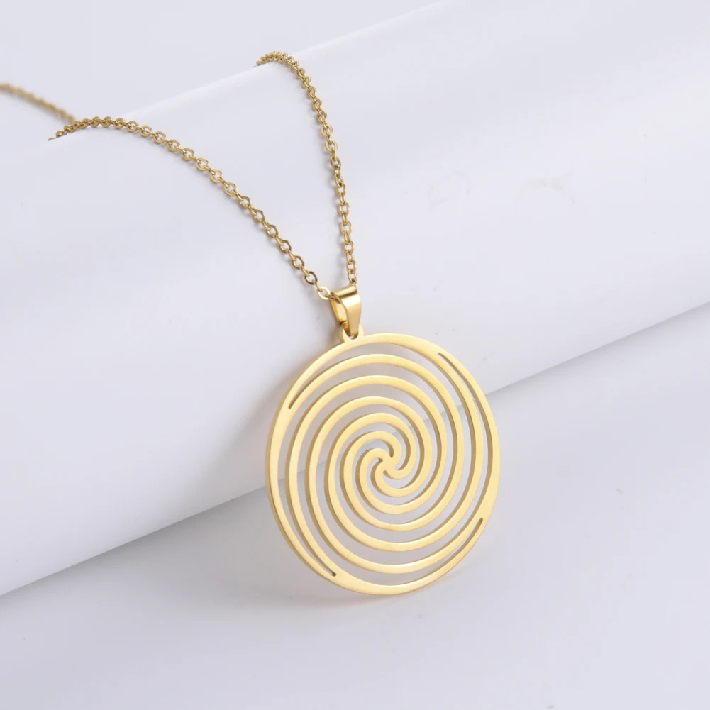 Skyrim Geometric Spiral Round Pendant Necklace Stainless Steel Gold Color Swirl Neck Chains Jewelry Valentine Gift for Women Men