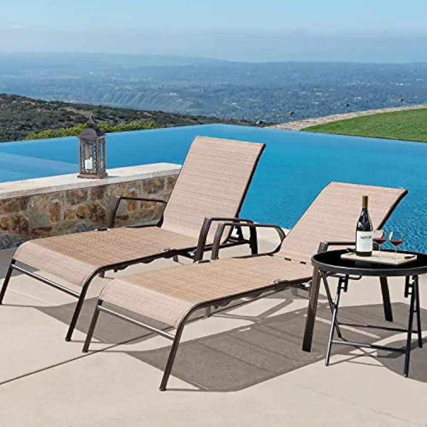 Verstellbare Terrasse Chaiselongue Set 3 Stück Textiline Outdoor faltbare Metall Liegestühle mit robuster Glasplatte Bistro tisch