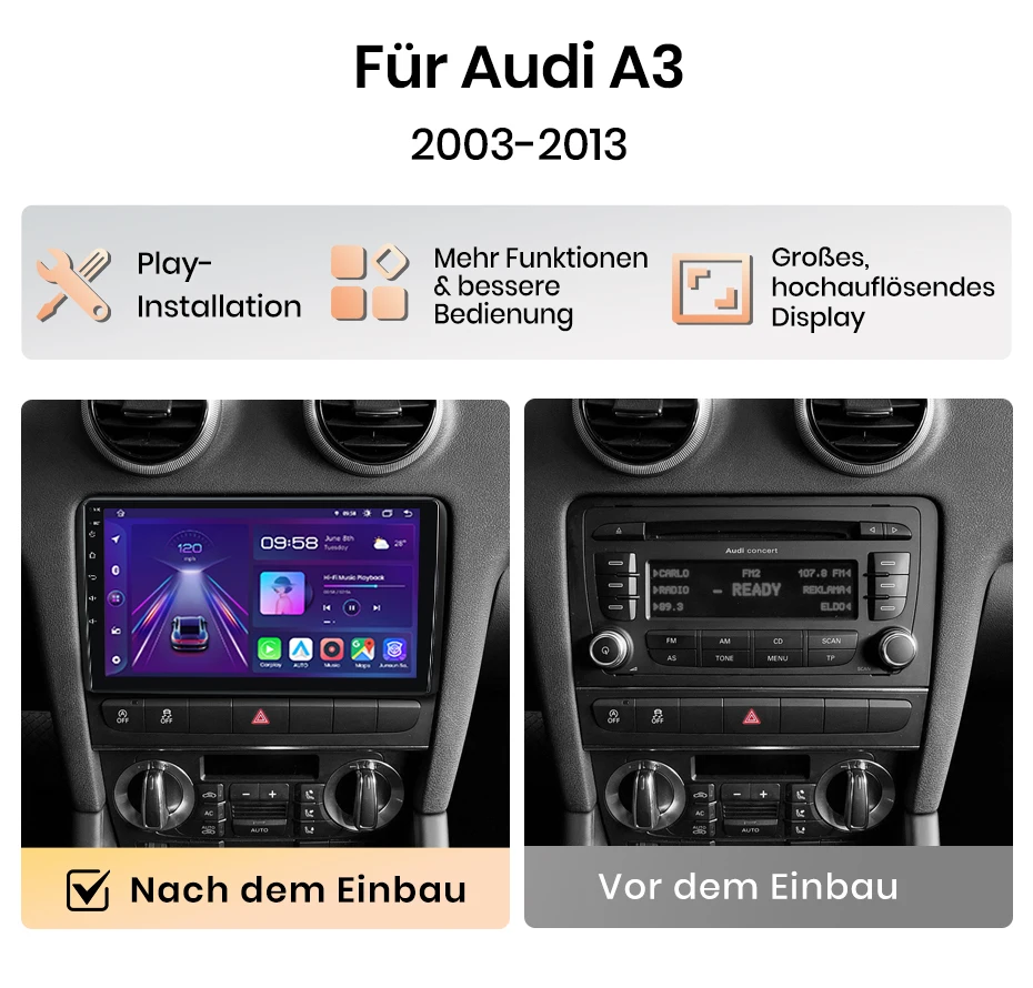 Junsun 9-Zoll Android 15 Autoradio für Audi A3 8P 2003 2004-2013, kabelloses Apple CarPlay, Auto-IPS-Bildschirm, Stereo-Multimedia-Videoplayer, intelligentes Fahrzeugsystem, 2-DIN-Autoradio-Haupteinheit, GPS-Navigation – Detail 9