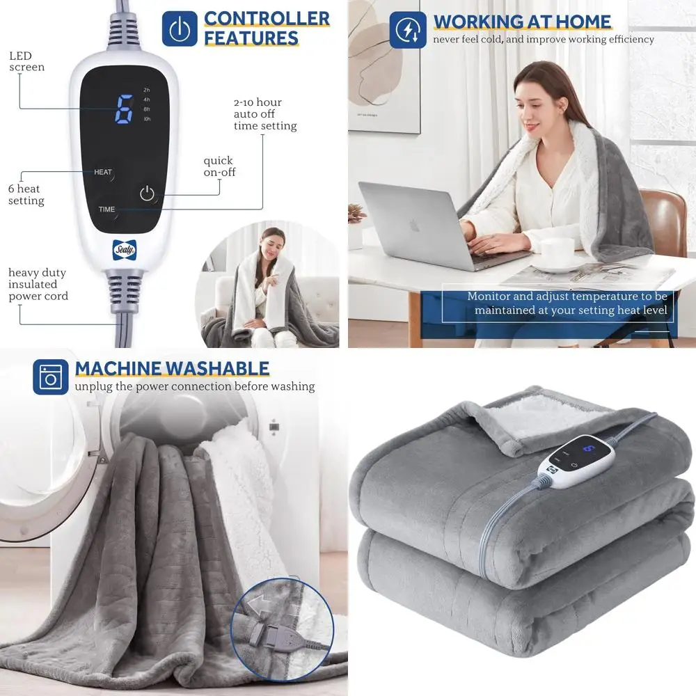 

6-Level Flannel Sherpa Electric Blanket, 2-10H Auto-Off, Fast Warm, 50x60