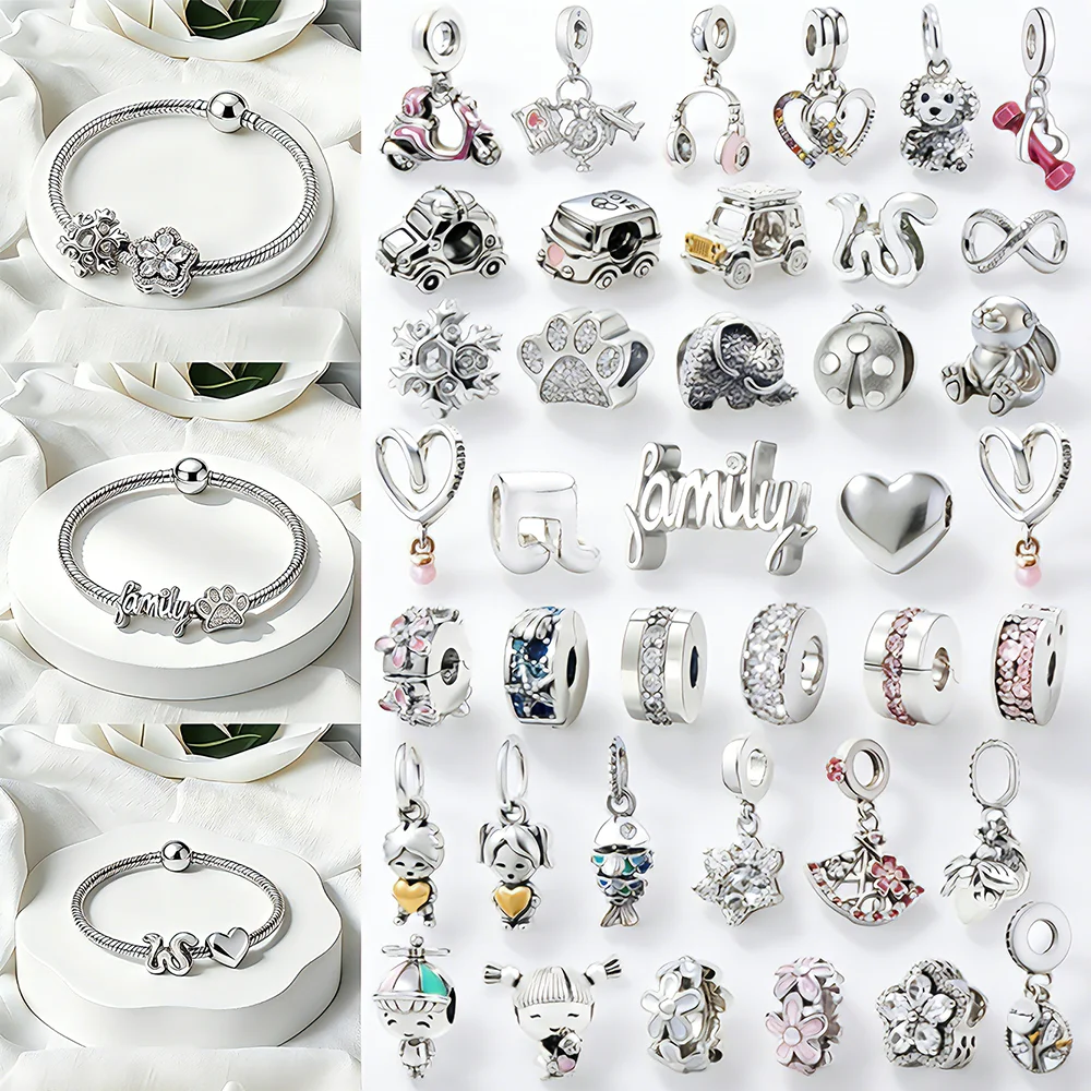 

DIY Серебряный винтажный браслет с милым принтом лапы, простым цветочным шармом и бусинами, подходит для оригинального браслета-змейки, изысканный ювелирный подарок