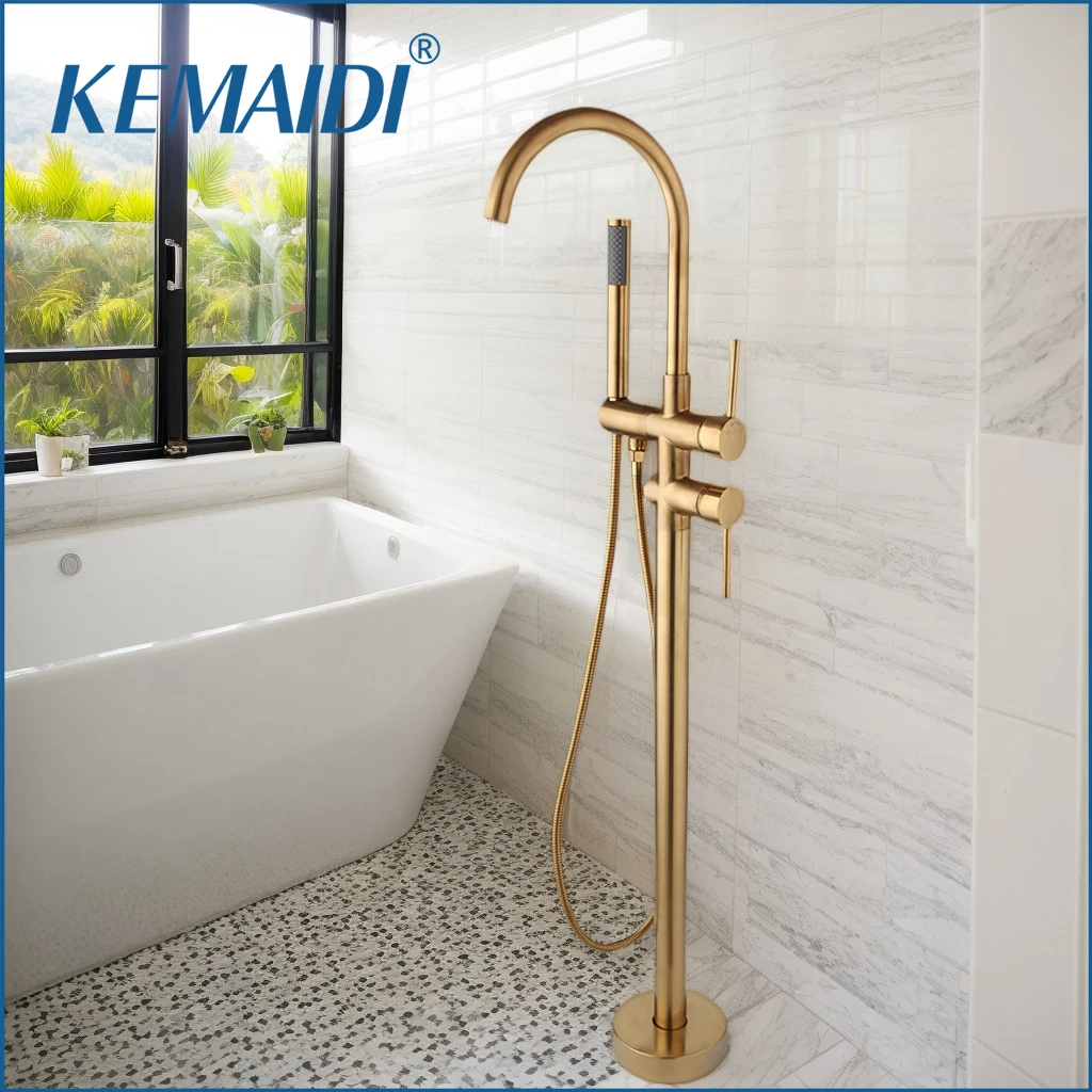 

KEMAIDI Floor Mount Bathtub Faucet Freestanding Tub Filler Shower Mixer Swivel Gooseneck Spout Cylinder Handheld Brushed Gold
